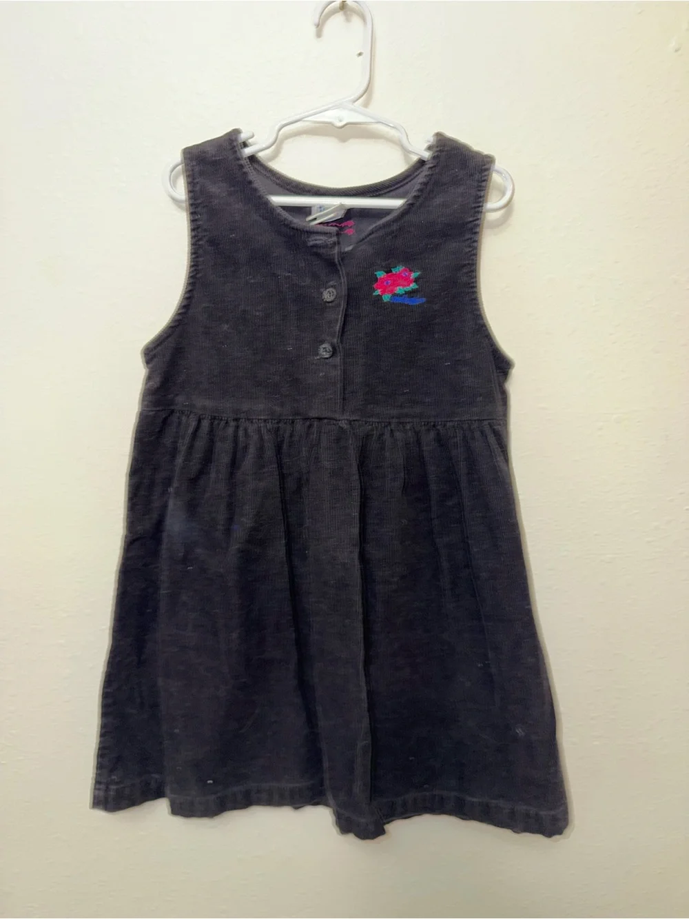 VTG Oshkosh Corduroy Jumper Dress Black Logo Flower Buttons Size 6 USA Girl's